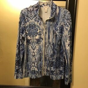 Zenergy by Chicos Sweater Zip Front Sz1 Sequin Detail Blue Paisley Long Sleeves
